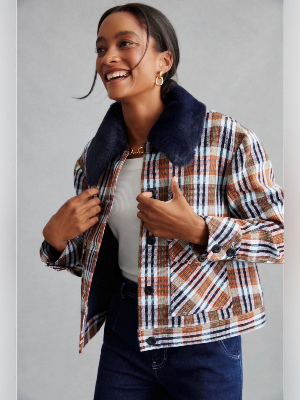 Maeve Anthropologie Retro Plaid Jacket with Navy Faux Fur Collar